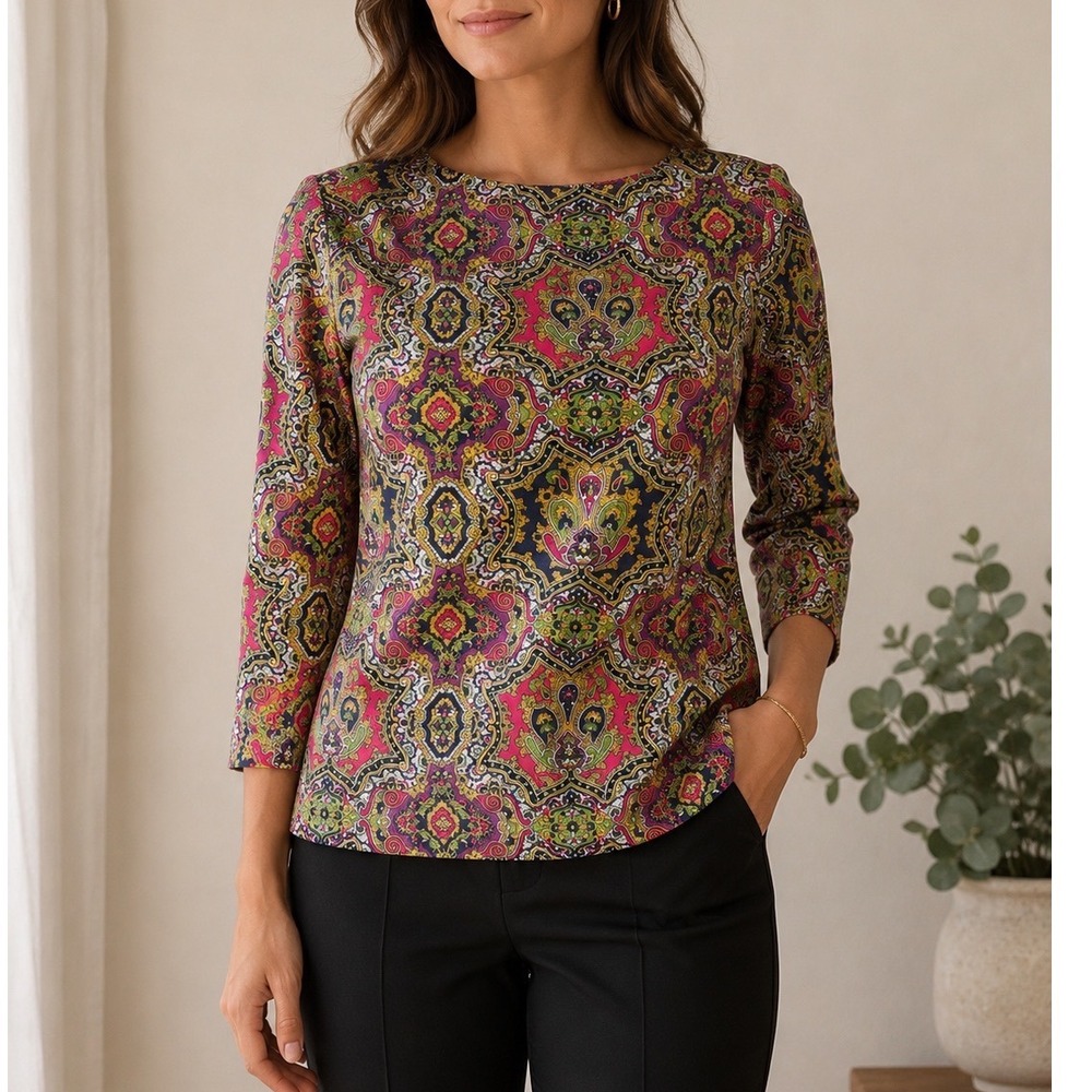 Talbots Petites Multicolor Paisley Boat Neck 3/4 Sleeve Top Size P
